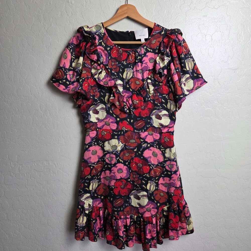 Cinq A Sept 100% Silk Crystal Dress in Maraschino Multi Womens 4 Floral Ruffled